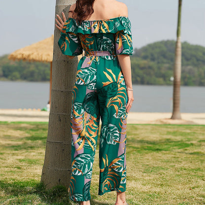 Women Clothing Fashion off-Shoulder Floral Jumpsuit Summer Short Sleeve Chiffon Vacation Beach Jumpsuit