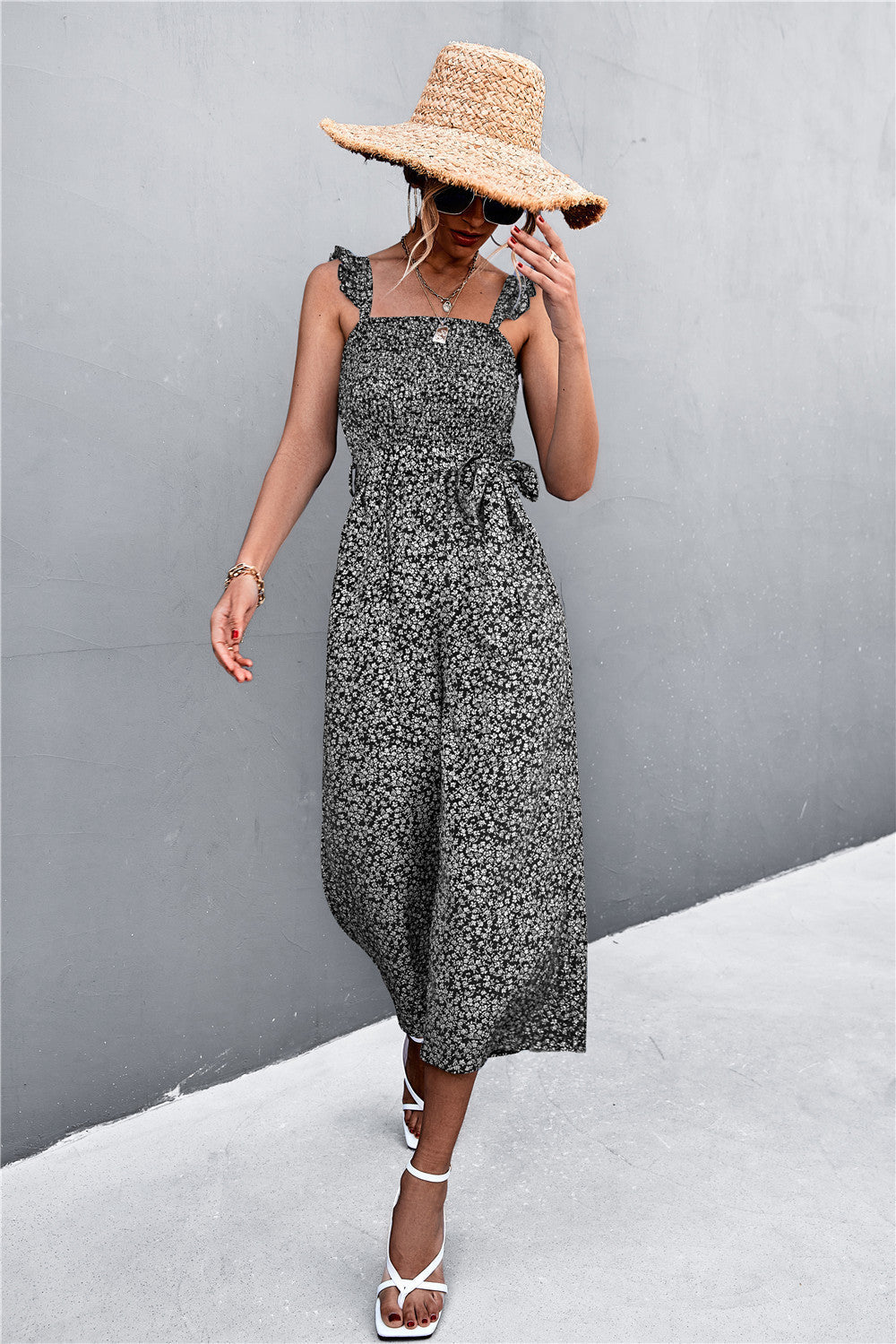 Spring Summer Flying Sleeves Belt Floral Smocking Jumpsuit