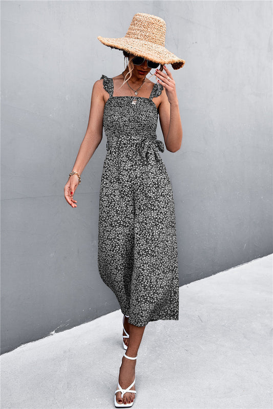 Spring Summer Flying Sleeves Belt Floral Smocking Jumpsuit