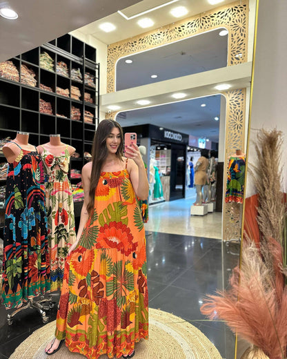 Summer Women Sexy Sleeveless Swing Printed Long Sling Dress