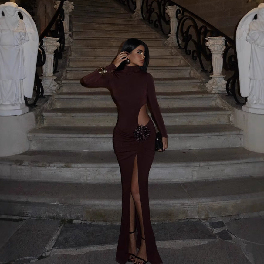 Sexy Women Clothing Hollow Out Cutout out Socialite Private Dress Evening Dress Elegant Three Dimensional Floral Turtleneck Dress