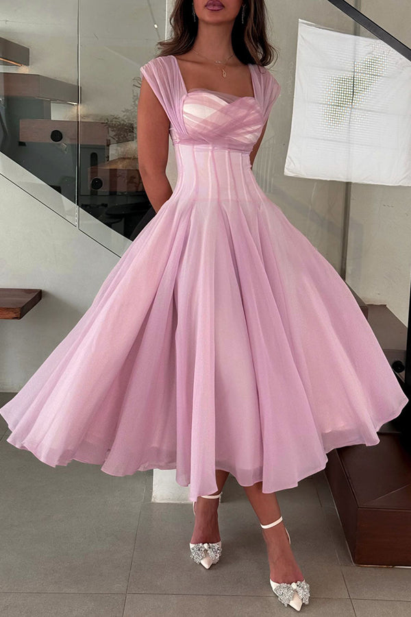 Elegant Sleeveless Waist-cinching Tulle Full-hem Maxi Dress
