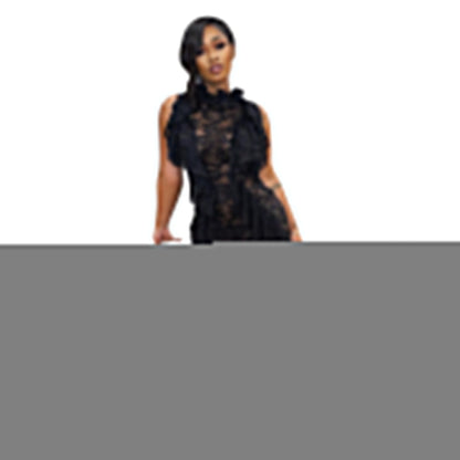 Women Clothing Sleeveless Lace Ruffled Collar Irregular Asymmetric Mop Dress