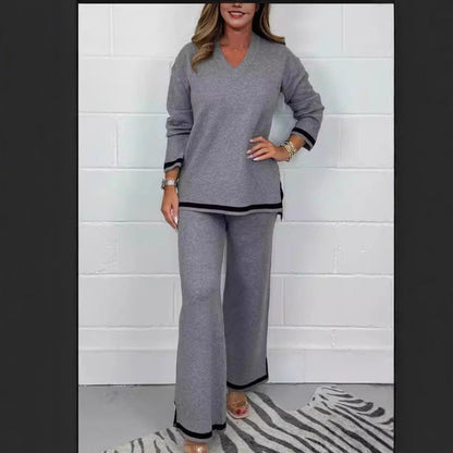 New Autumn Winter Casual Solid Color Knitted Long Sleeve Trousers Sets