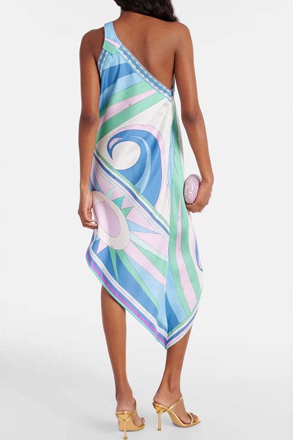 On Island Satin Unique Print One Shoulder Irregular Hem Vacation Midi Dress