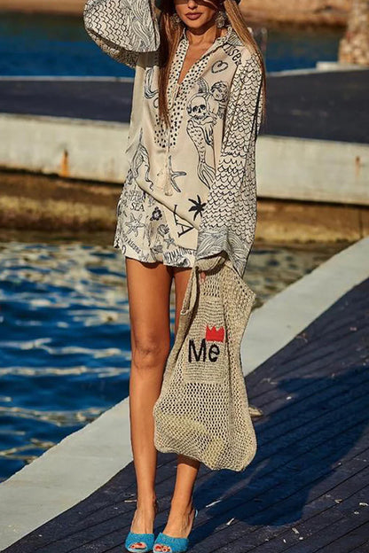 Ladies' Wealthy Satin Unique Printed Tassel Shirt and Elastic Waist Shorts Set