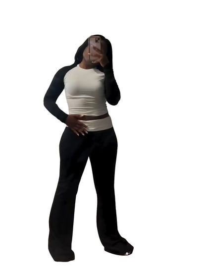 Women Clothing Contrast Color Tight High Waist Fold Slim Trousers Fleece Lined Two Piece Sets