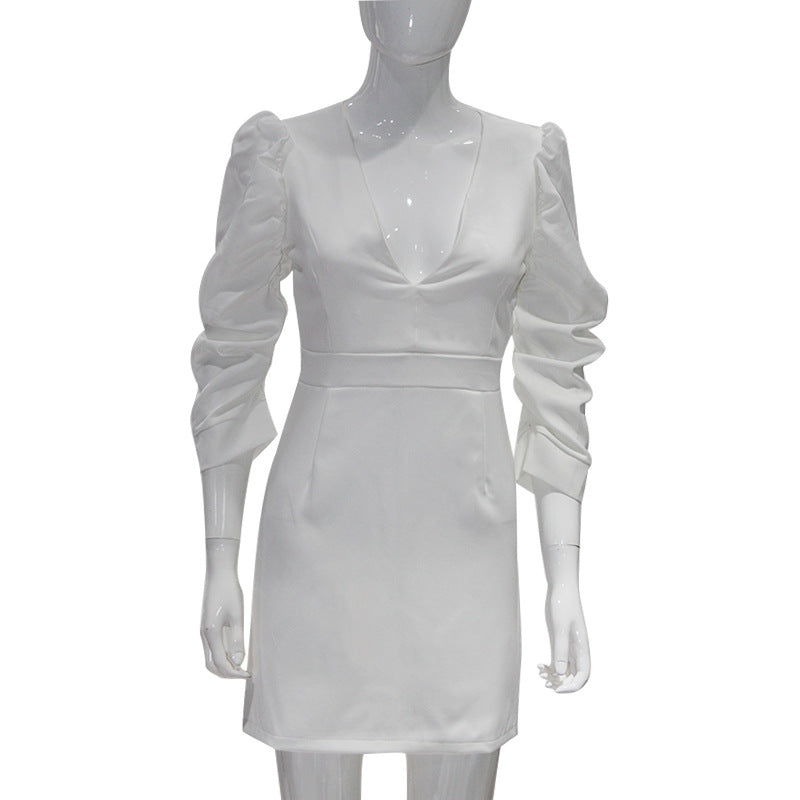 Spring Arrival White Short Sleeve Deep V Plunge Retro High Waist Backless Oversleeves Dress