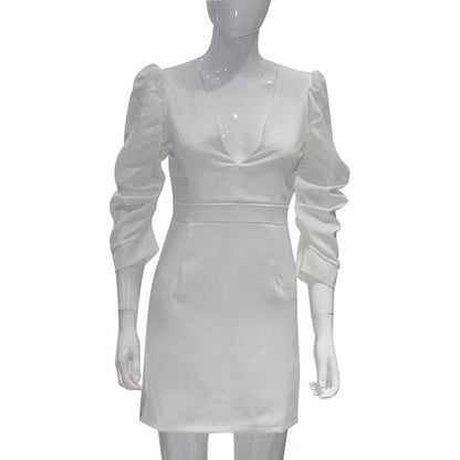 Spring Arrival White Short Sleeve Deep V Plunge Retro High Waist Backless Oversleeves Dress