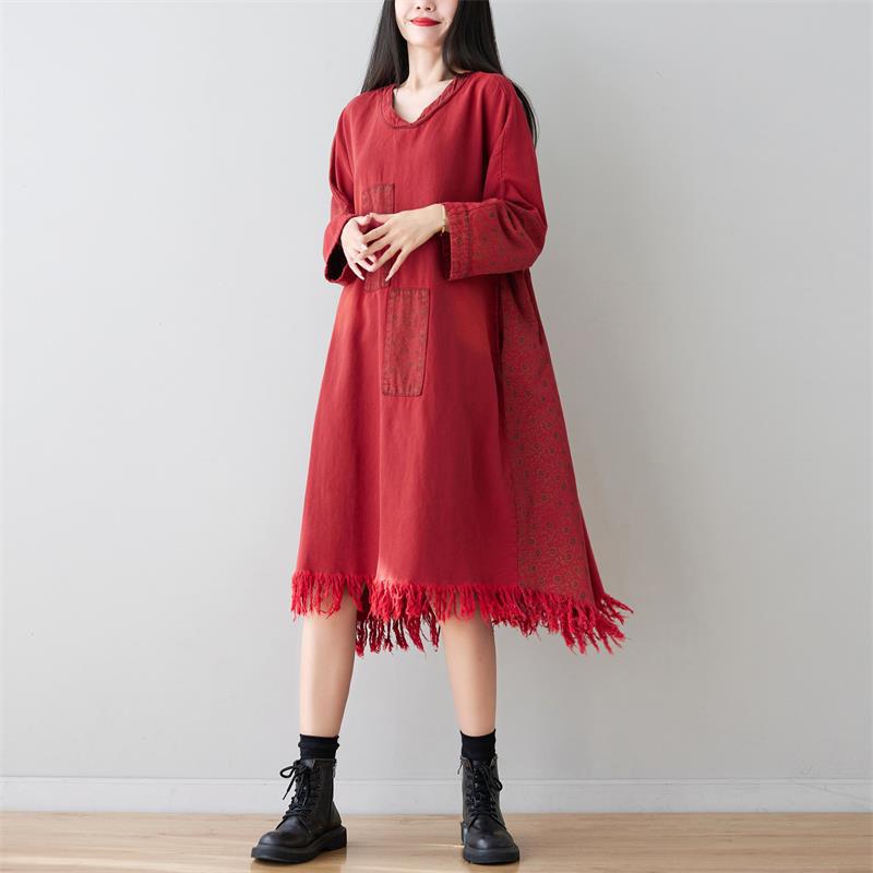 V neck Long Tassel Sweater Washed Dots Patch Long Sleeves Dress Slimming