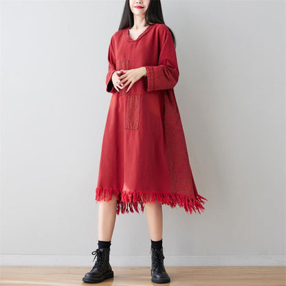 V neck Long Tassel Sweater Washed Dots Patch Long Sleeves Dress Slimming