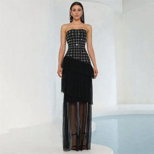 Special Interest Design Rhinestone Tube Top Bandage Dress Sexy Mesh Stitching Maxi Dress Party Dress