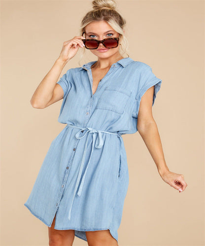 Casual Solid Color Waist Tight Women Denim Long Shirt