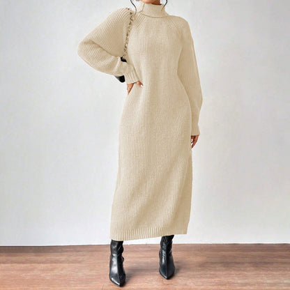 Women Clothing Woolen Pullover High Collar Long Sleeve Knitted Dress Solid Color Long Inner Wear Dress