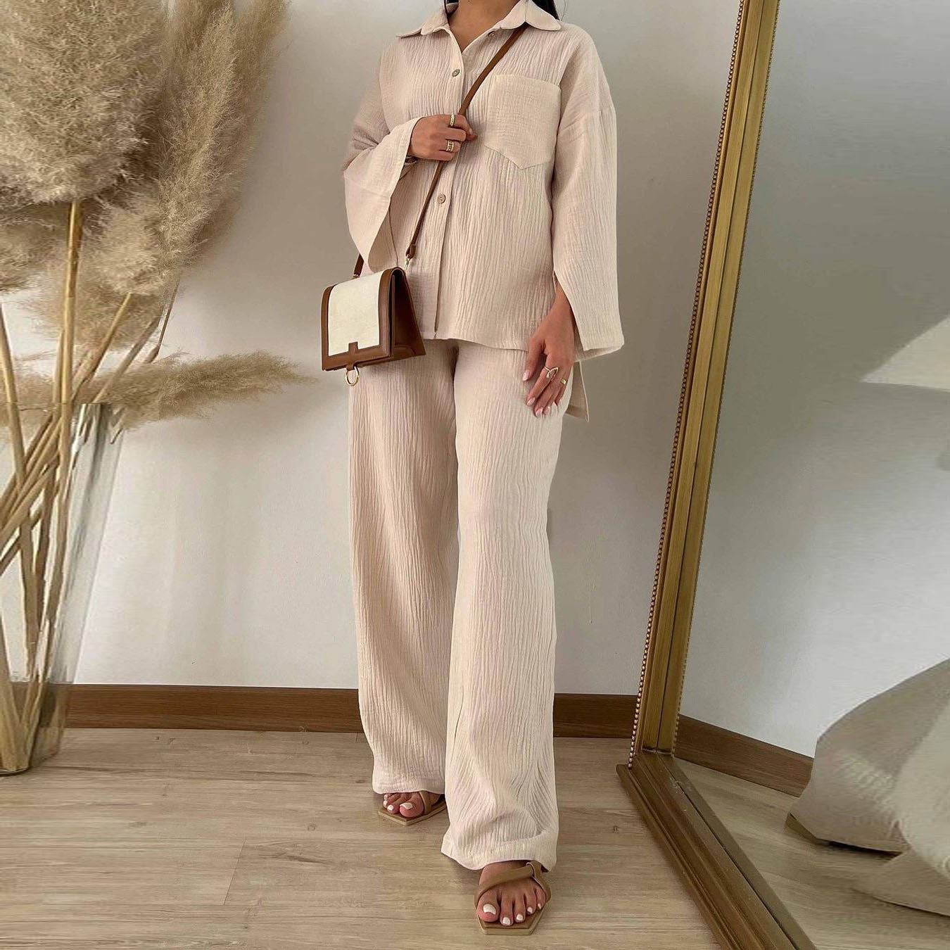 Women Clothing Autumn Champray Long Sleeve Shirt High Waist Wide Leg Pants Set