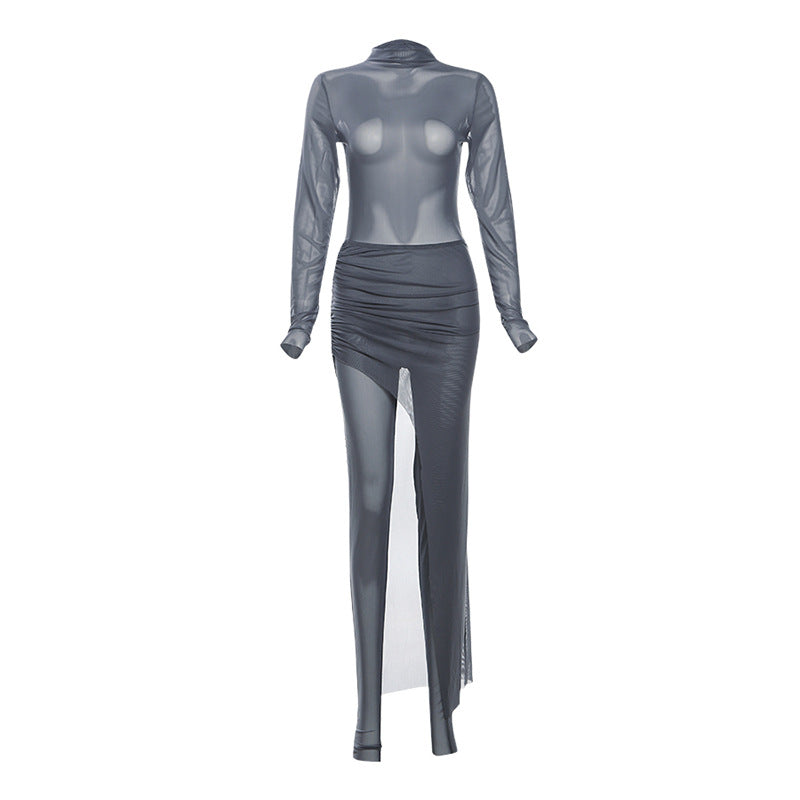 Fall Women Clothing Personality Round Neck Long Sleeve Slim Fit Slimming Jumpsuit Pleated Mid Length Skirt Set Women