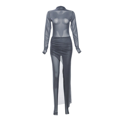 Fall Women Clothing Personality Round Neck Long Sleeve Slim Fit Slimming Jumpsuit Pleated Mid Length Skirt Set Women