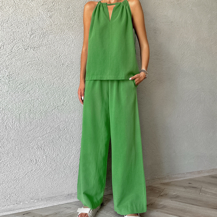 Khaki Cotton Linen Hollow Out Cutout out Tied Sleeveless Halter Vest Wide Leg Pants Set Spring Summer