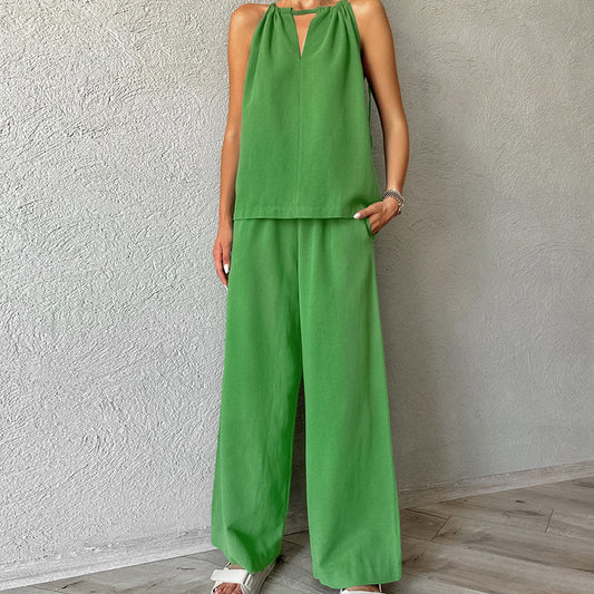 Khaki Cotton Linen Hollow Out Cutout out Tied Sleeveless Halter Vest Wide Leg Pants Set Spring Summer