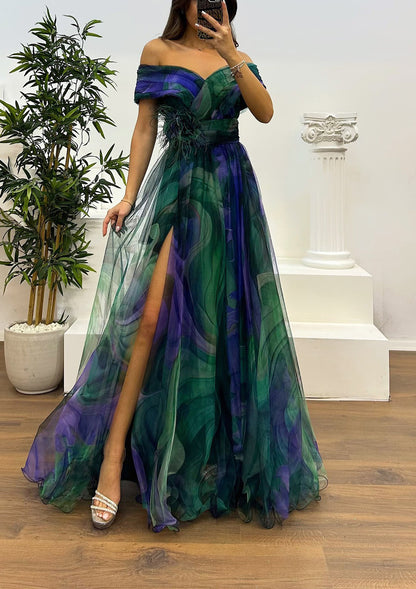 Fairy Flower Feather Pendant Elegant Fallen Fold Off Shoulder Party Split Design Long Dress