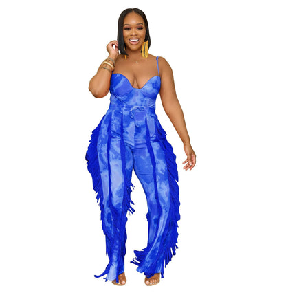 Women Clothing Suit Printed Tassel Lace Sling Jumpsuit Two Piece Suit