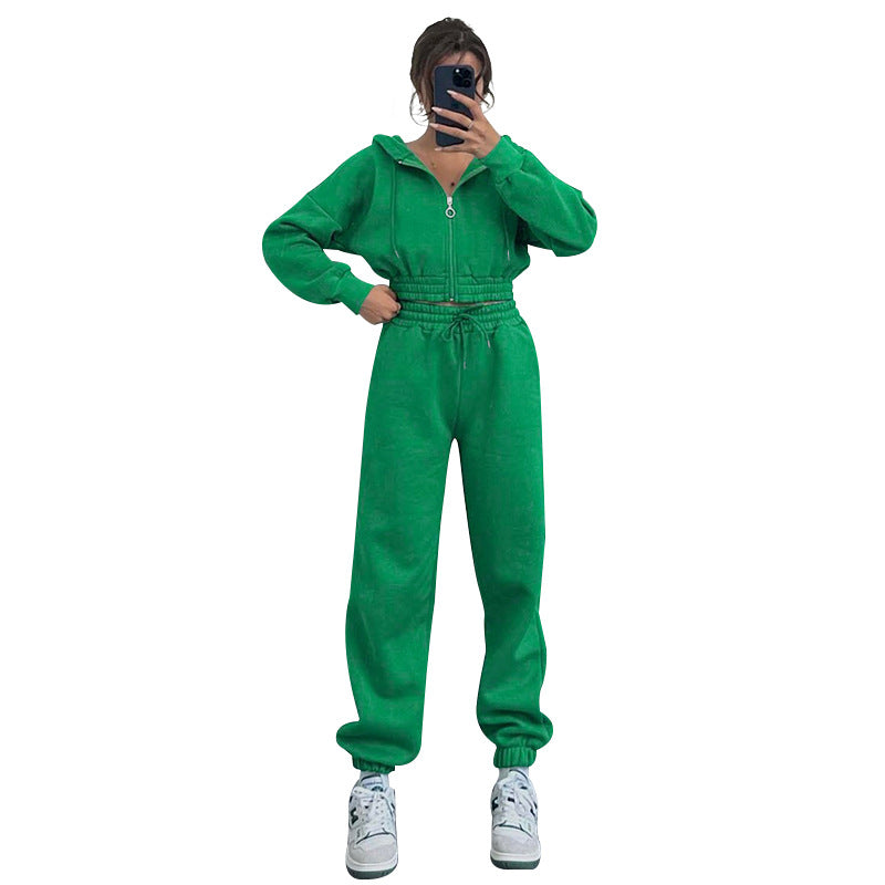 Autumn Winter Hooded Zipper Waist Tight Sweaters Women Clothing Casual Exercise Suit