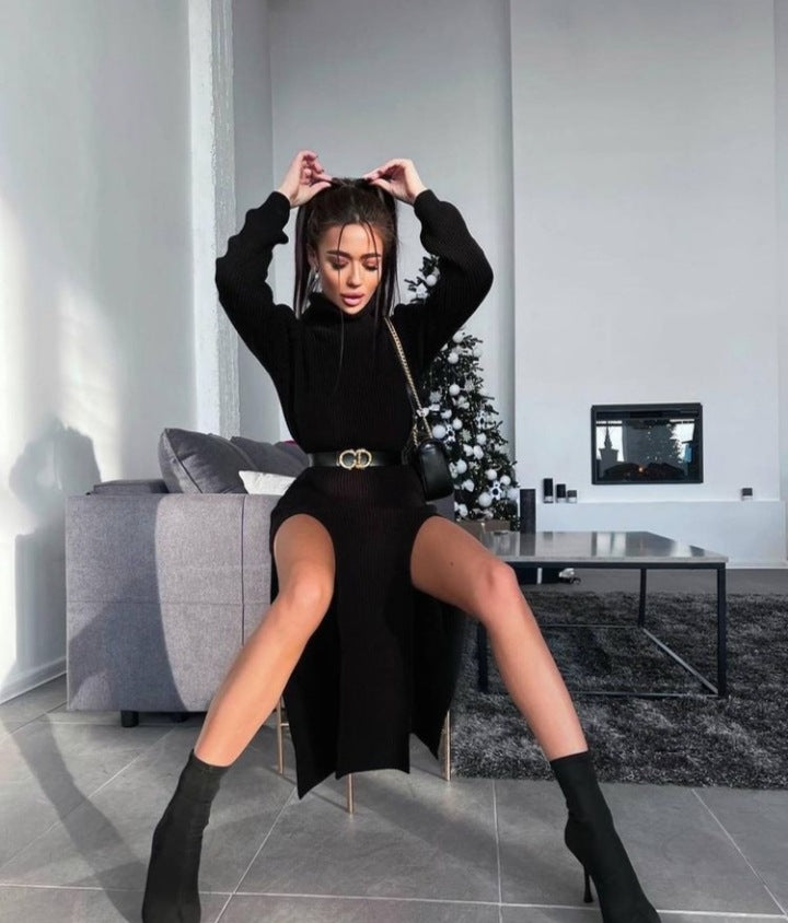 Popular Long Sleeve Turtleneck Thigh Slit Woolen Dress