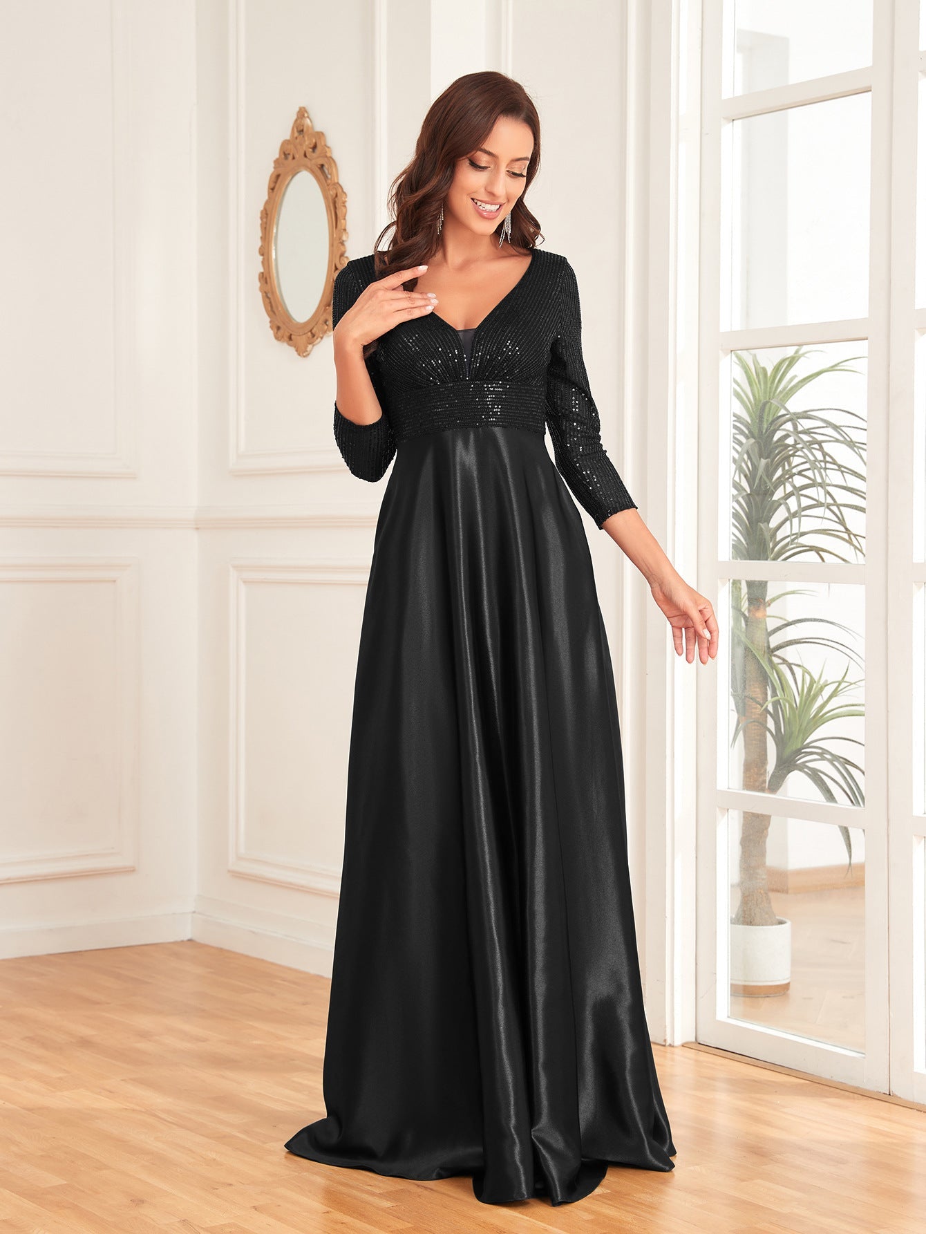 Blue Color Sequin V neck Long Sleeve Dress Satin Dress Slim Fit A line Dress Bridesmaid Cocktail Evening Dress