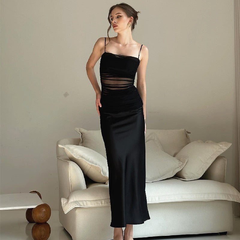 Women Summer Sexy Mesh Stitching Cami Dress Slim-Fit Long Pure Dress for Women