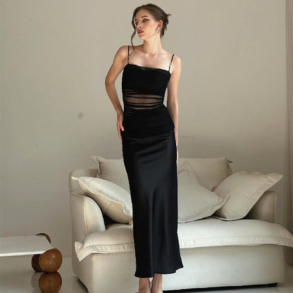 Women Summer Sexy Mesh Stitching Cami Dress Slim-Fit Long Pure Dress for Women