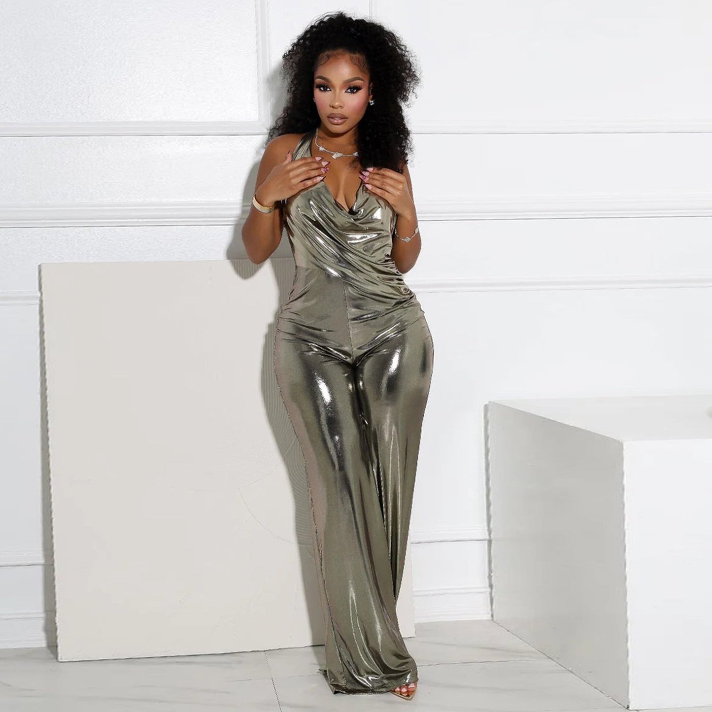 Women Clothing Swing Collar Halter Backless Wide Leg Jumpsuit Women