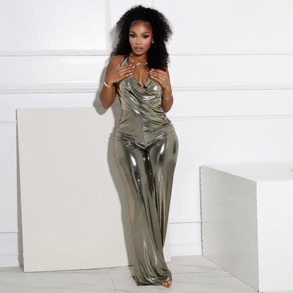 Women Clothing Swing Collar Halter Backless Wide Leg Jumpsuit Women