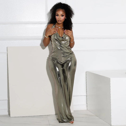 Women Clothing Swing Collar Halter Backless Wide Leg Jumpsuit Women