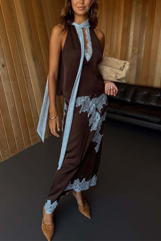 Sunday Social Contrast Color Satin Lace Trim Mid Rise Maxi Skirt