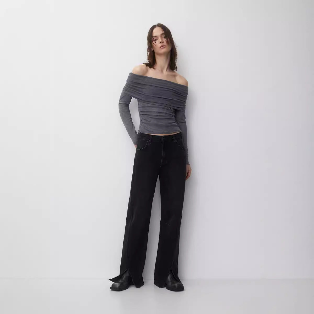 Sexy Strapless Long Sleeve T shirt Solid Color Elegant Sexy Slim Fit Crop Top