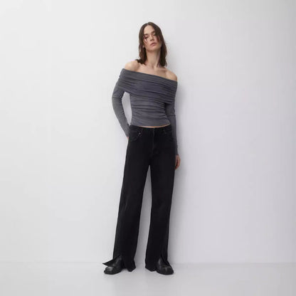 Sexy Strapless Long Sleeve T shirt Solid Color Elegant Sexy Slim Fit Crop Top