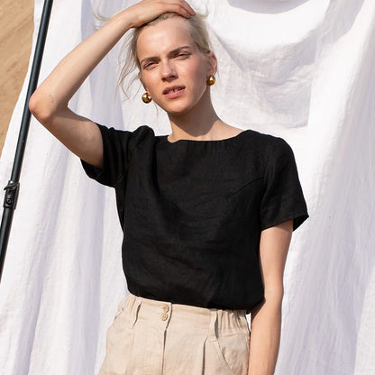 Summer Linen Short Sleeved Casual Comfortable Breathable Cotton Linen T shirt Office Solid Color round Neck Loose Top T