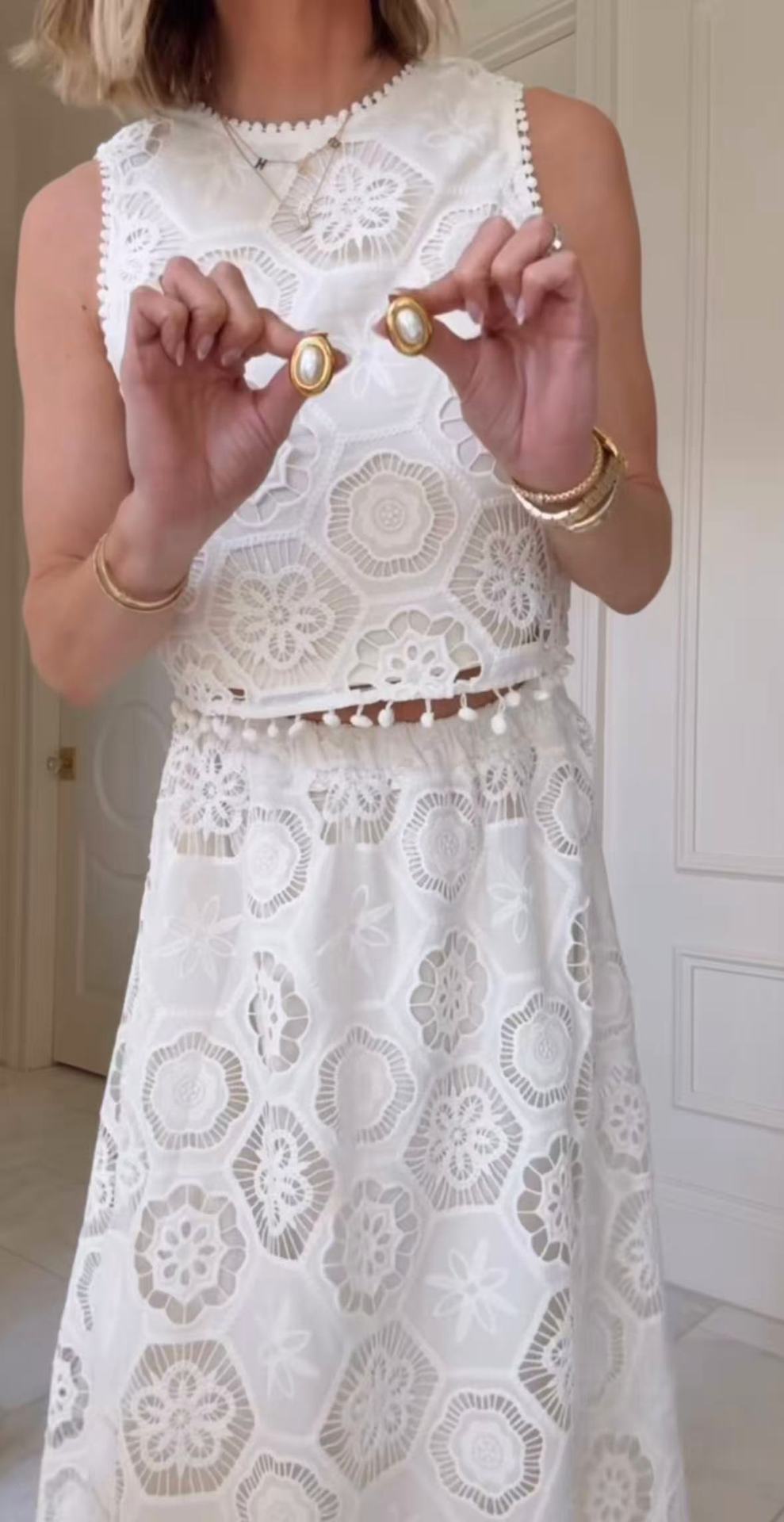 Nice Try Embroidered Crochet Lace Tassle Trim Elastic Waist Midi Skirt