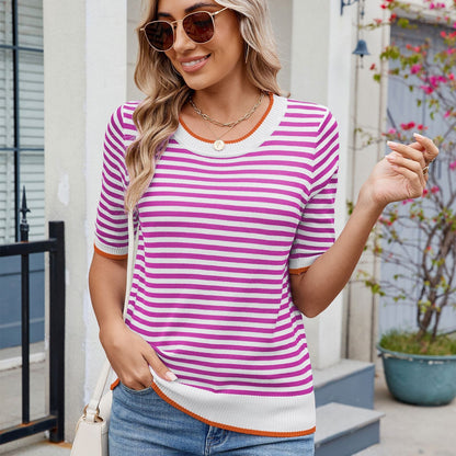 Women Clothing Summer Stripe Knitted T shirt Short Sleeve Ice Silk Contrast Color British College