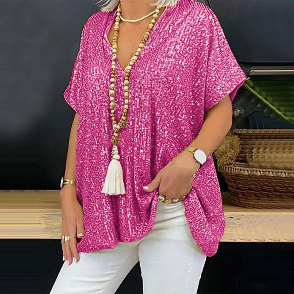 Short Sleeve Urban Casual Color Loose Pullover Sequined V neck T shirt Top Women Clothing
