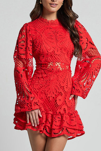 Solid Color Hollow Long-sleeved Waisted Lace Mini Dress