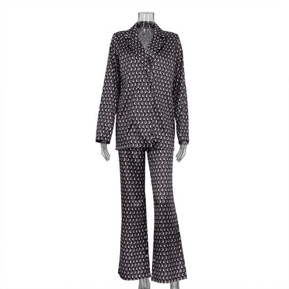 Early Autumn Women Clothing Long Sleeve Collared Bootleg Pants Printing Suit Matching Street