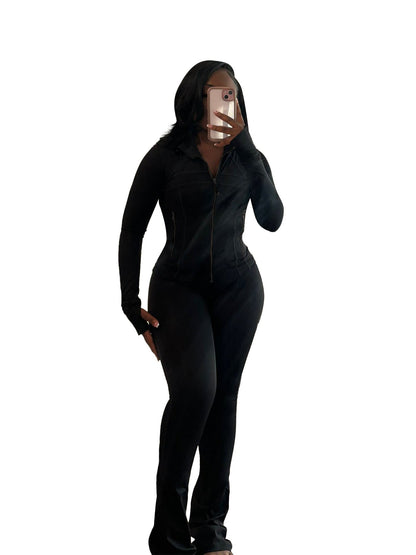 Sports Casual Women Wear Supply Sexy Tight Long Sleeve Micro Horn Two Piece Set