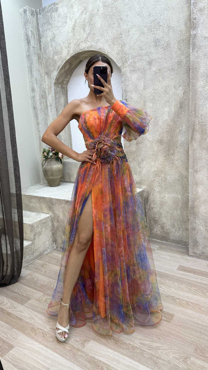 Elegant and beautiful chiffon floral pleated single shoulder sleeve slit long skirt for family