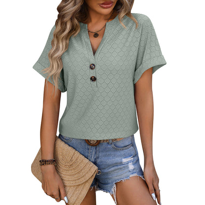 Spring Summer V neck Button Solid Color Polka Dot Loose Short Sleeve T shirt for Women