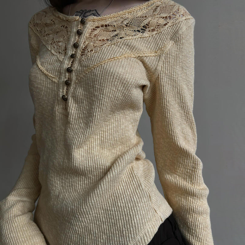 Autumn Winter Women Clothing Internet Lace Stitching Split Breasted round Neck Slim Fit Base Long Sleeve T shirt for Women