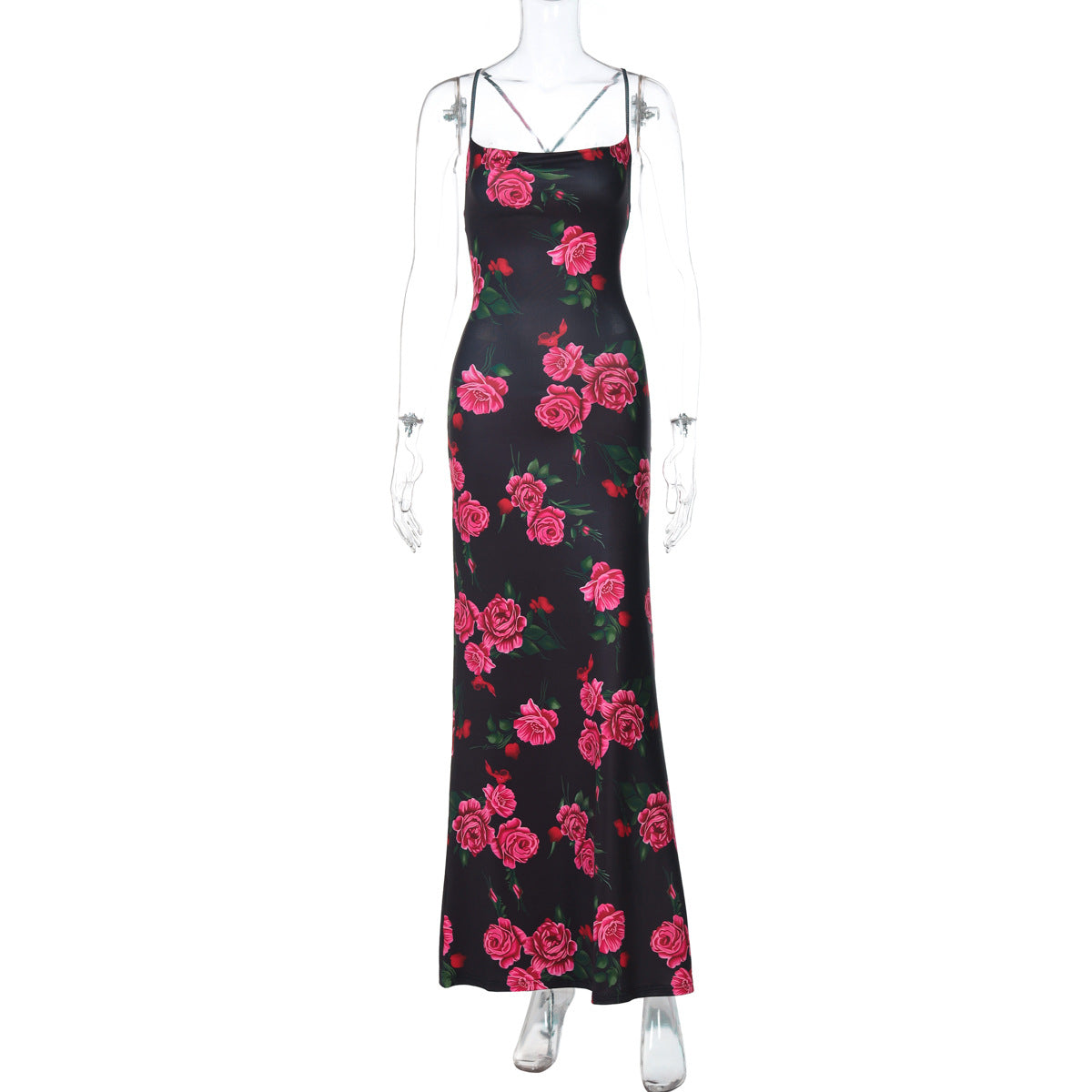 Women Clothing Spring Dignified Floral Printed Sexy Bare Back Tied Dress