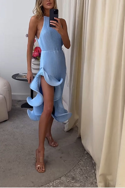 Solid Color Sleeveless Waist Tie Irregular Ruffle Slim Midi Dress