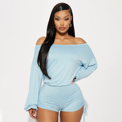 Women Wear Casual off Shoulder off Shoulder Long Sleeve Pleated Drawstring Fitted Waist Jumpsuit