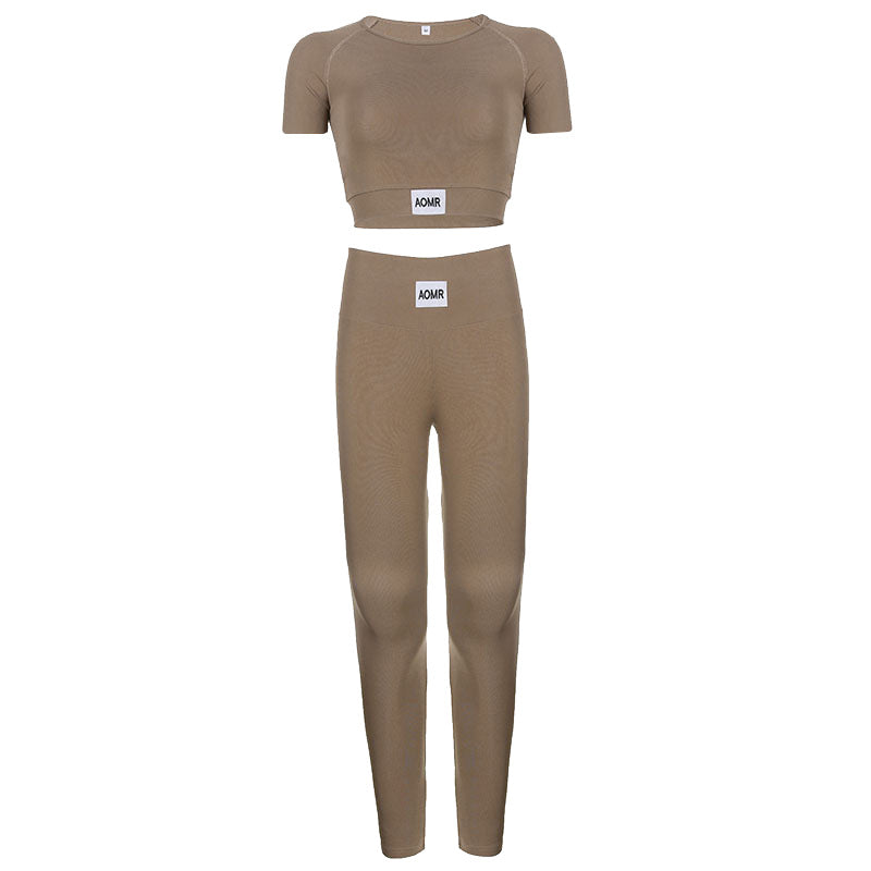 Solid Color Tight Letter Graphic Zhang Zi round Neck Long Sleeve Short Top High Waist Skinny Trousers Sports Yoga Two Piece Set